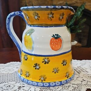Vibrant Handcrafted Italian Ceramic Majolica Pitcher with Fruit & Daisy Motif